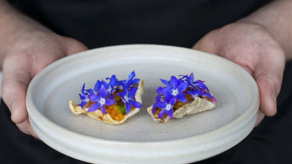 Trout nut butter, borage flowers and salmon roe at Brae, Birregurra.