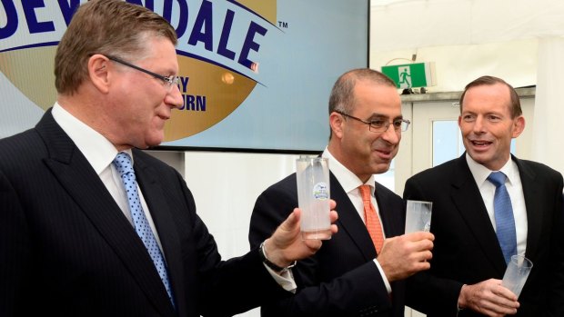 Former Murray Goulburn managing director Gary Helou (centre) in happier times with former prime minister Tony Abbott (right) and former Victorian premier Denis Napthine.