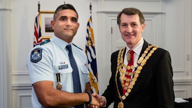 Senior Constable Amit Singh and Lord Mayor Graham Quirk.