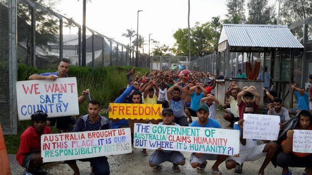 Refugees and asylum seekers protesting inside the now-closed regional processing facility on Manus Island, which they refuse to leave.