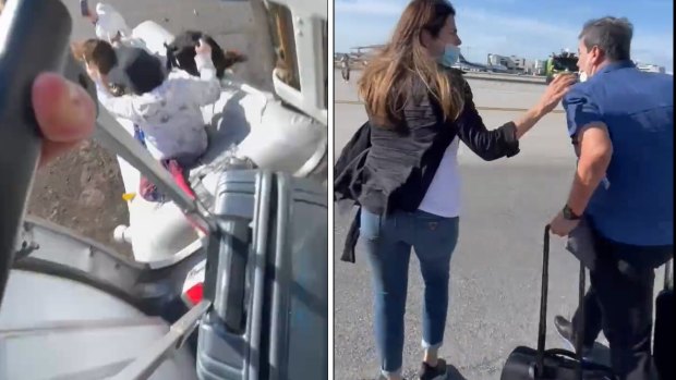 Footage posted on social media showed passengers wheeling their suitcases off the plane.