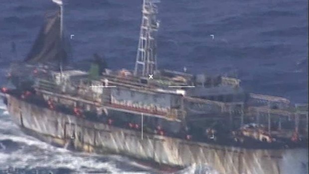 A screengrab of video by Argentina's navy showing the Chinese fishing boat Lu Yan Yuan Yu 010 in the navy's crosshairs off the coast of Puerto Madryn.
