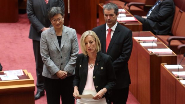 Katy Gallagher being sworn in as a new senator last March.