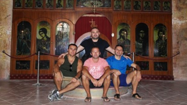 Simon Sheu, George Nika, Marsel Boka and Aniello Vinciguerra at the Serbian Orthodox Church in Coober Pedy. 