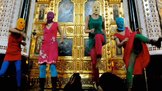 Pussy Riot performing in Russia's Cathedral of Christ the Saviour in 2012.