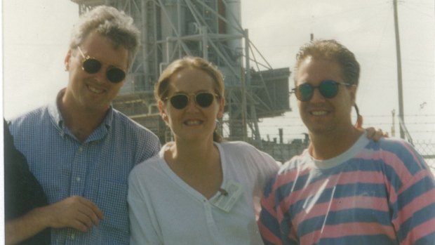 Ferguson with Tony Jones, at left, and sound recordist Ted Roth at Cape Canaveral, 1994.