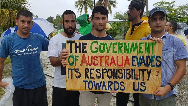 Refugees and asylum seekers during a protest at the Manus Island immigration detention centre.