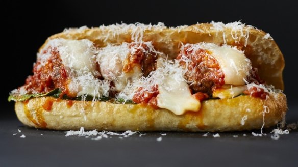 King William's Mamma Mia meatball sub with sugo, salsa verde and a trio of Italian cheeses: provolone, scamorza and parmigiano.