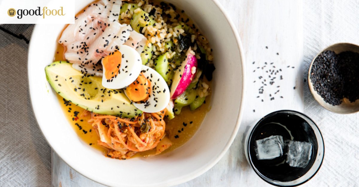 Kingfish poke salad with soy mirin dressing and homemade kimchi recipe