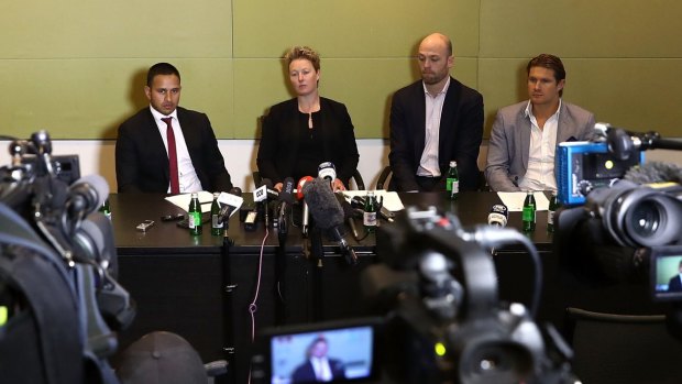 Usman Khawaja, Clea Smith, Alistair Nicholson and Shane Watson at the emergency ACA meeting in Sydney on Sunday.