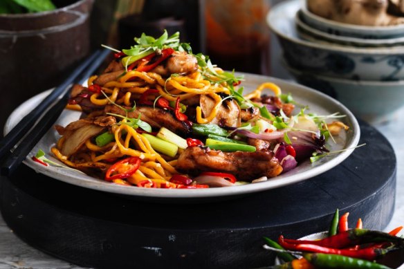 Kylie Kwong's stir-fried Hokkien noodles with chicken, chilli and coriander.