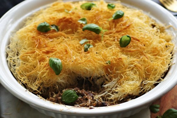 Slow-cooked lamb topped with a nest of kataifi pastry.
