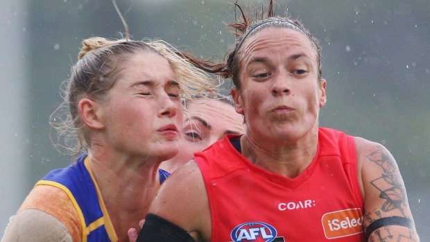 Mia-Rae Clifford (right) in action during the round 1 match between the Melbourne Demons and the Brisbane Lions at Casey Fields in Melbourne last weekend.