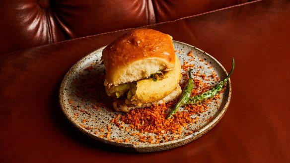 The vada pav, a milk bun with potato fritter and coriander chutney, from Ansari. 