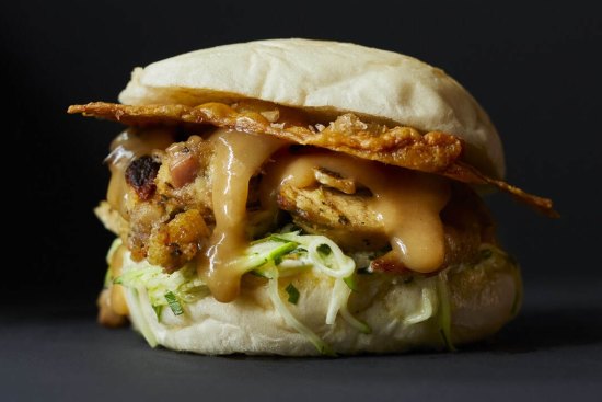 King William's Brigadier sandwich with roast chicken, crispy chicken skin, stuffing, zucchini slaw and gravy.