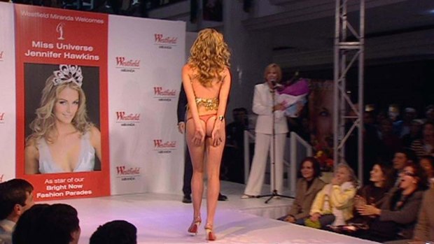Miss Universe Jennifer Hawkins experiencing a wardrobe malfunction during a fashion parade at Westfield Miranda in 2004.