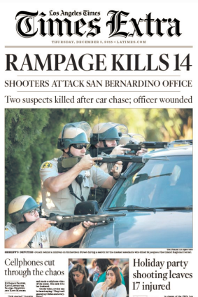 The front page of Thursday's Los Angeles Times prominently features the San Bernardino mass shooting.