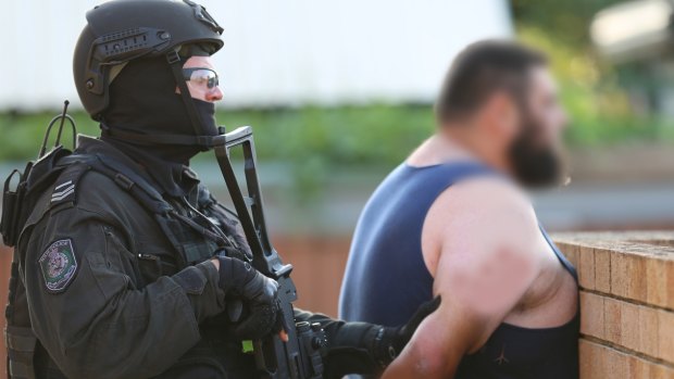 NSW Police making an arrest in Greenacre following raids as part of a counter-terrorism operation on Friday.