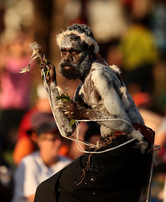 Bruce Hall of The Gypsies of Arnhem Land performs at the traditional dancing at the end of the day.