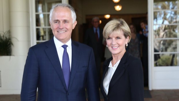 Malcolm Turnbull poses with Deputy Liberal Leader Julie Bishop after he was was sworn in as the 29th Prime Minister of Australia.