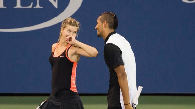Double trouble: Nick Kyrgios and Eugenie Bouchard play mixed doubles at last year's US Open.