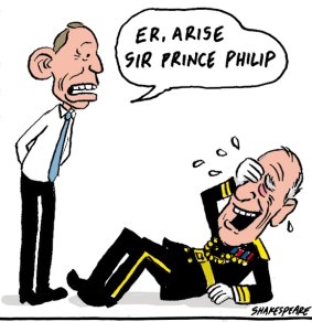Tony Abbott has awarded Prince Philip a knighthood. Illustration: John Shakespeare