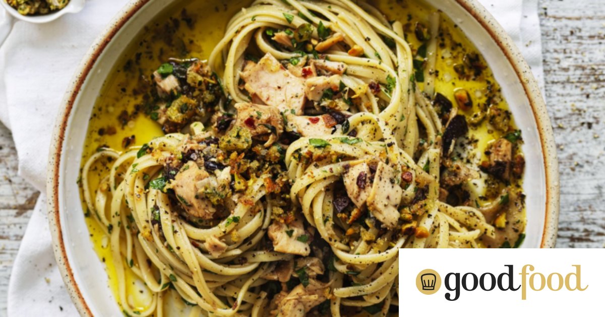 Linguine with spicy tuna, olives and capers