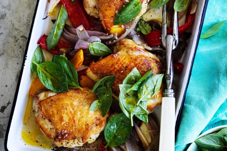 Adam Liaw's chicken, capsicum and basil tray bake recipe.