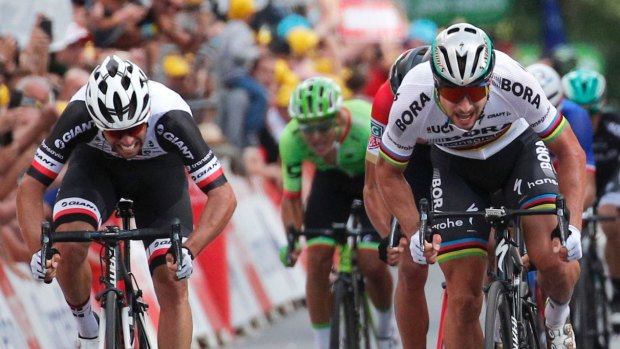 Peter Sagan's, right, disqualification has opened the green jersey door for Canberra's Michael Matthews, left.