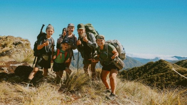 The Gerlach family, from left, Joplin, 10, Goldie, 6, Juno, 12, Tom and Deanna, on Mt Crawford in the Tararua Ranges, during their six month walk of the Te Araroa Trail.