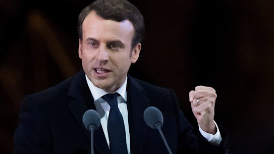 Emmanuel Macron addresses supporters after winning the French election. 
