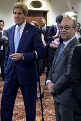 Then secretary of state John Kerry with Daniel Russel, right,  in Kuala Lumpur in 2015. Russel warns that North Korea is trying to trap the Trump administration.