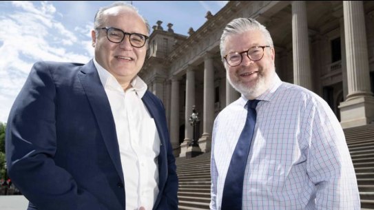 Democratic Labor Party Leader Bernie Finn welcomes former state government minister Adem Somyurek to the party. 