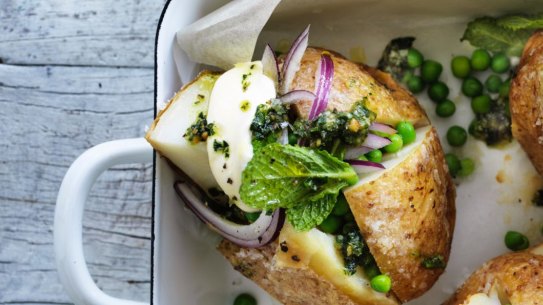 Jill Dupleix's baked potatoes with peas and rough pesto.