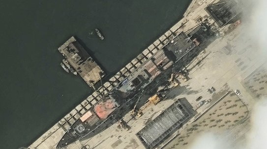 CORRECTS SOURCE- This satellite image provided by Maxar Technologies shows North Korea's new naval destroyer on May 18, 2025, in Chongjin, North Korea.  (Maxar Technologies via AP)