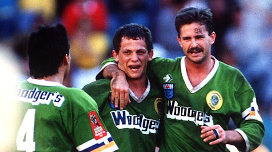 Raiders hooker Steve Walters celebrates the '89 premiership with Gary Belcher and Laurie Daley.