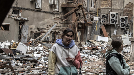 A building complex heavily damaged by Russian shelling in  the center of Kharkiv, Ukraine.