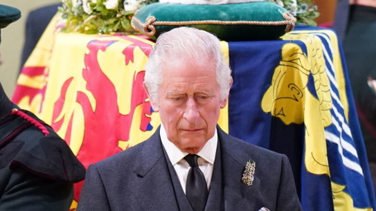 King Charles III, Prince Edward, Duke of Wessex, Princess Anne, Princes Royal and Prince Andrew, Duke of York hold a vigil at St Giles’ Cathedral in honour of Queen Elizabeth II as members of the public walk past on September 12, 2022 in Edinburgh, Scotland. 