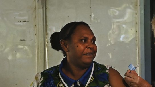 (File Image) Norah Tabuai receives her second AstraZeneca COVID-19 vaccination on Saibai Island in the Torres Strait in June.