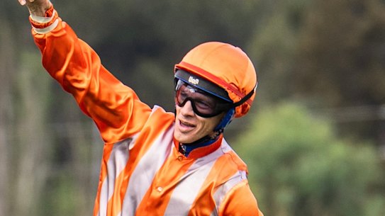 Pierre Boudvillain salutes aboard Music Time after winning the Black Opal Stakes. 