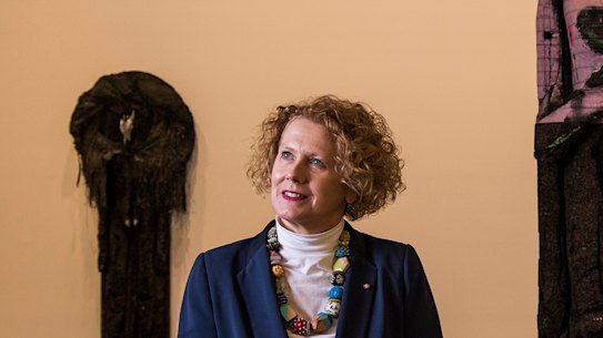 Liz Ann Macgregor inside the MCA  with works by Huma Bhahbha.