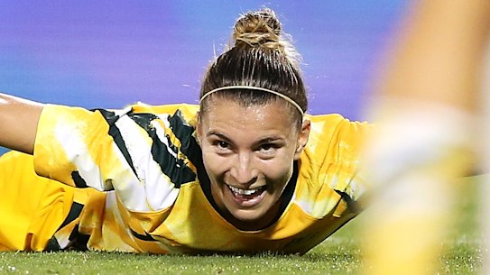 Steph Catley celebrates scoring a goal in Australia's Olympic qualifying win over Chinese Taipei in February.