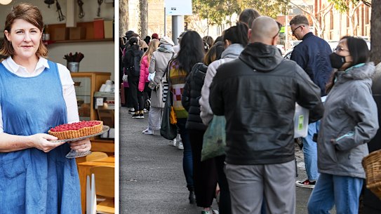 Composite image of Natalie Paull, owner of Beatrix Bakes and people queued for goodies.