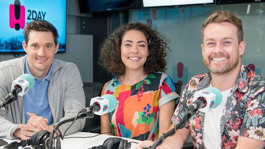 Axed: 2Day FM breakfast's Ed Kavalee, Ash London and Grant Denyer.