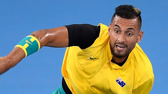 Nick Kyrgios serves against Jan-Lennard Struff on day one of the ATP Cup at Pat Rafter Arena in Brisbane.