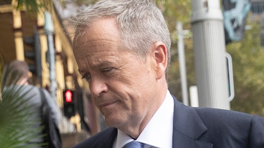 Bill Shorten on his way to a private meeting with Anthony Pratt in his apartment in Sydney on Friday.