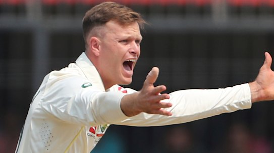Australia’s Matthew Kuhnemann successfully appeals for caught behind against India’s Ravichandran Ashwin during the first day of third cricket test match between India and Australia in Indore, India.