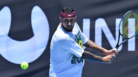 Nick Kyrgios on the training courts on Tuesday.
