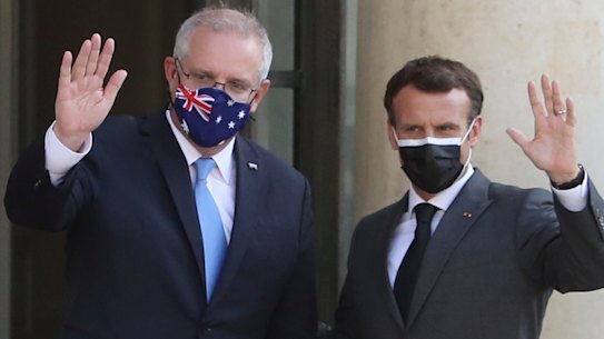 Scott Morrison with French President Emmanuel Macron in June.