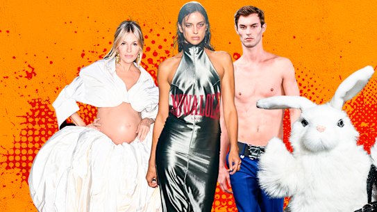 Sienna Miller in Schiaparelli at Vogue World, London; Irina Shayk in Mowalola at London Fashion Week; a model in Burberry; a robot rabbit takes to the Runway at Puppets and Puppets in New York.